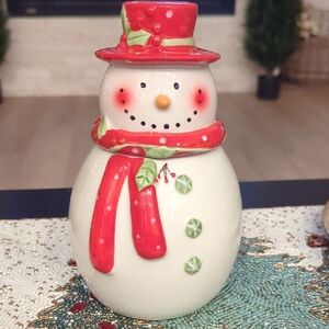 Gibson Home Jolly Plenitude Snowman Stoneware Cookie Jar 8" Christmas